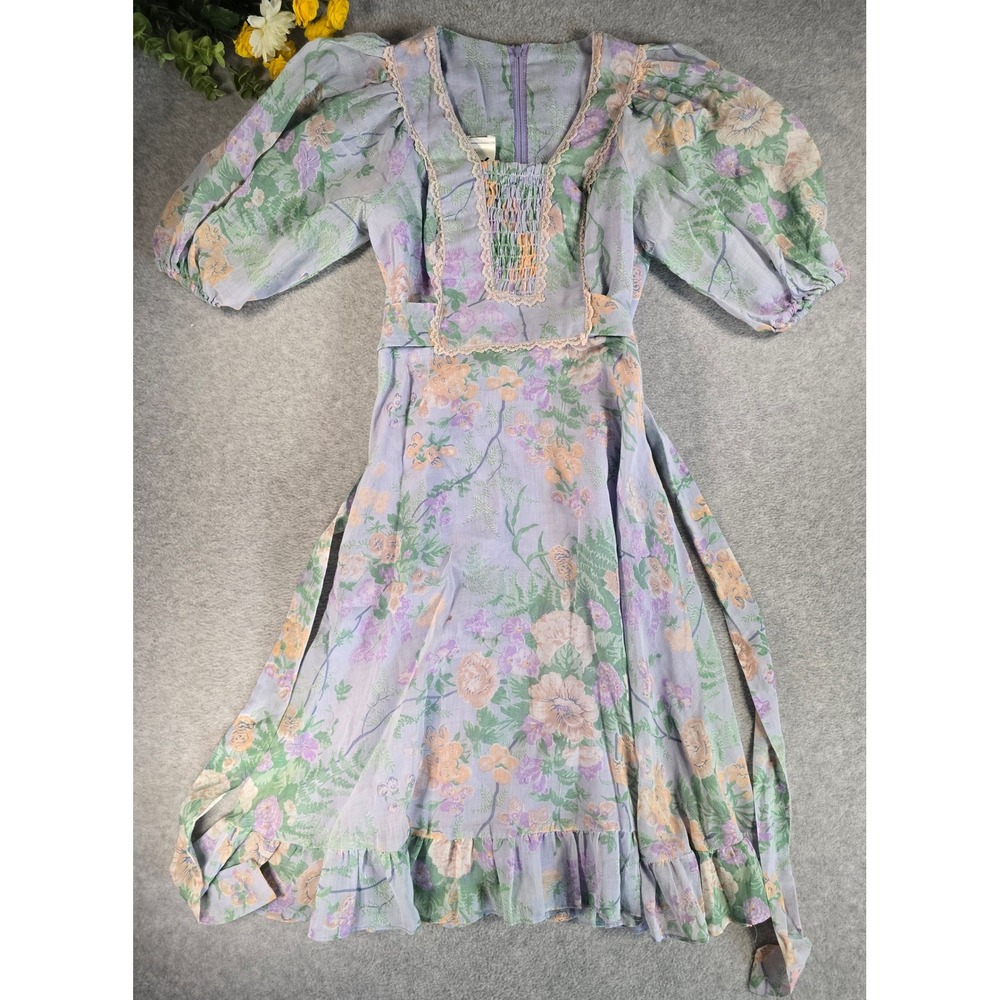 Jody of California Dress Womens XS Purple Vintage 70s Floral Prairie Cottagecore - Picture 8 of 16